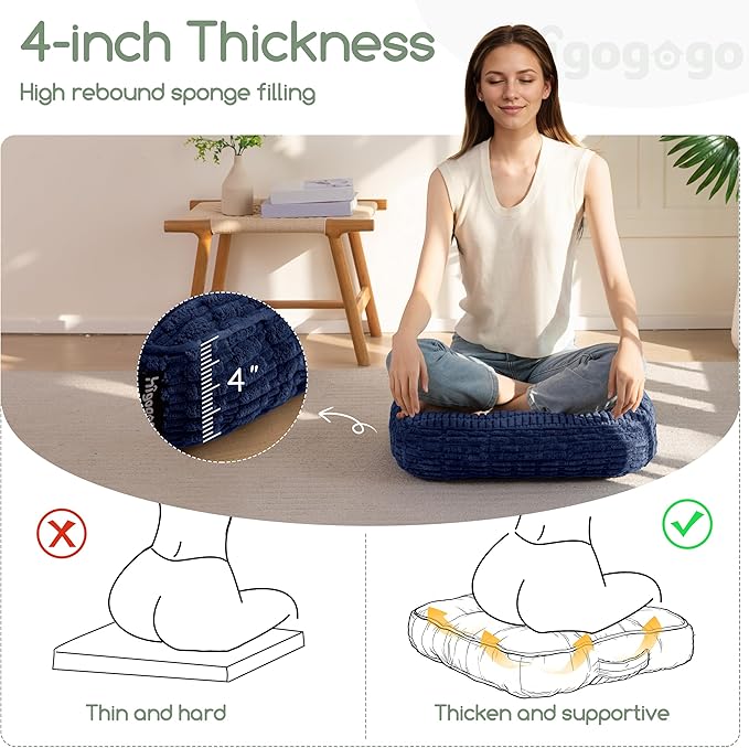 Washable Floor Pillow Cushion for Adults, Meditation Cushion Pillow, Removable Tufted Blended Corduroy Cover, Large Square Floor Sitting for Tatami Living Room or Yoga, 22x22 Inch, Machine Washable