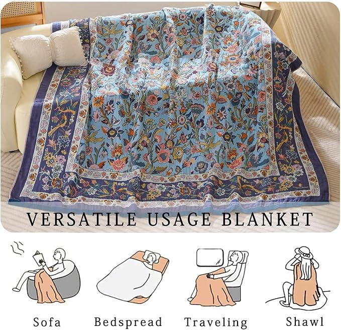 Boho Blanket Soft Muslin BohoThrow Blanket, 100% Cotton Floral Printed Farmhouse Decor All Season Reversible Rustic Throw for Sofa Couch Chair (Light Purple, 60"x80")