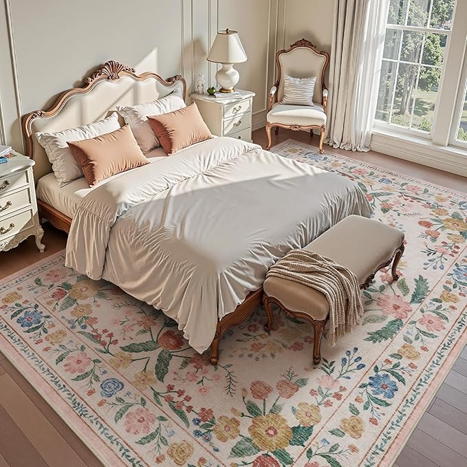 AMOAMI Vintage Floral 5x7 Area Rugs for Living Room Rug, Machine Washable Rug Non Slip Large Area Rug for Bedroom Indoor Low Pile Carpet Ultra Soft Boho Rugs for Dining Room Playroom Office, Beige