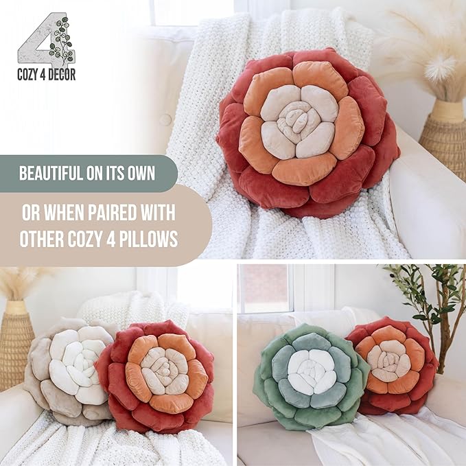 Throw Pillow in Monochromatic Colors - Flower Shaped Pillow – Soft Plush Floral Throw Pillow for Bed, Couch, Sofa & Kids Room | Cute Fluffy Bloom Cushion for Aesthetic Room Decor (Terracota)