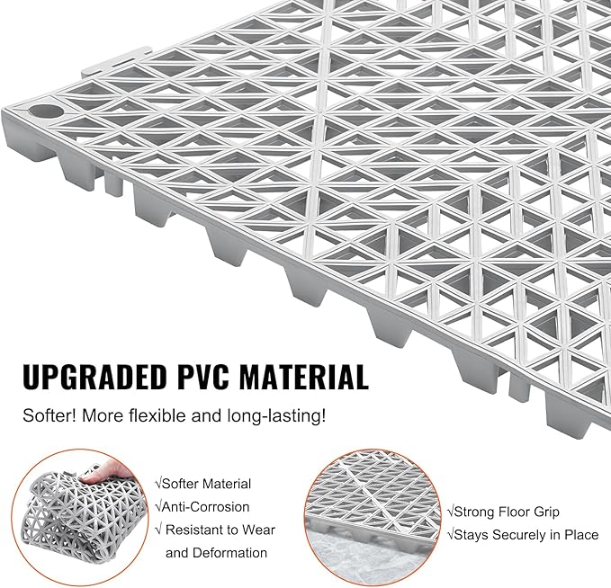 VEVOR Modular Interlocking Cushion, 12 Pack 12" x 12" Splicing Drainage Mats, Soft PVC Interlocking Drainage Floor Tiles, Non-Slip Drainage Holes for Restroom, Bathroom, Kitchen, Pool, Wet Areas, Gray
