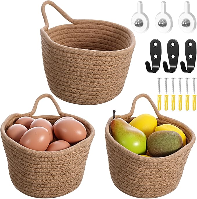 3 Pack Fabric Wall Hanging Baskets Small Woven Hanging Basket with Handle and Hooks Boho Style Cotton Rope Flower Plants Baskets Decor for Living Room,Bedroom,Bathroom, 5.12 ×6.3", Linen