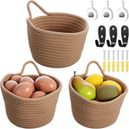 3 Pack Fabric Wall Hanging Baskets Small Woven Hanging Basket with Handle and Hooks Boho Style Cotton Rope Flower Plants Baskets Decor for Living Room,Bedroom,Bathroom, 5.12 ×6.3", Linen