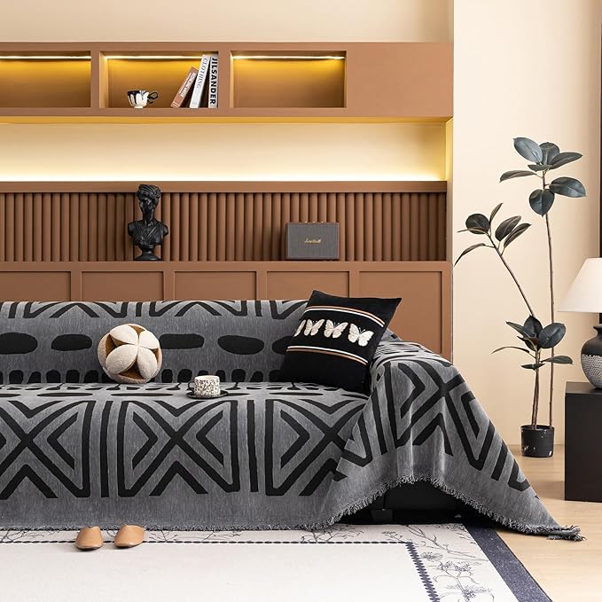 VClife Bohemian Sofa Cover Washable, Non Slip Chenille Couch Cover for 3 Cushion Couch Sofa Pet Furniture Protector Modern Tribal Black Gray Sofa Slipcover for Loveseat and Sectional Couch 71''x134''