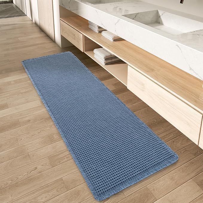 AMOAMI Upgraded Waffle Runner Rug Super Absorbent Non Slip Bath Mats for Bathroom Floor Washable Bathroom Runner Rug with Tassels, Ideal for Hallway Bedroom Laundry Room, Blue, 2' x 4'(24" x 48")
