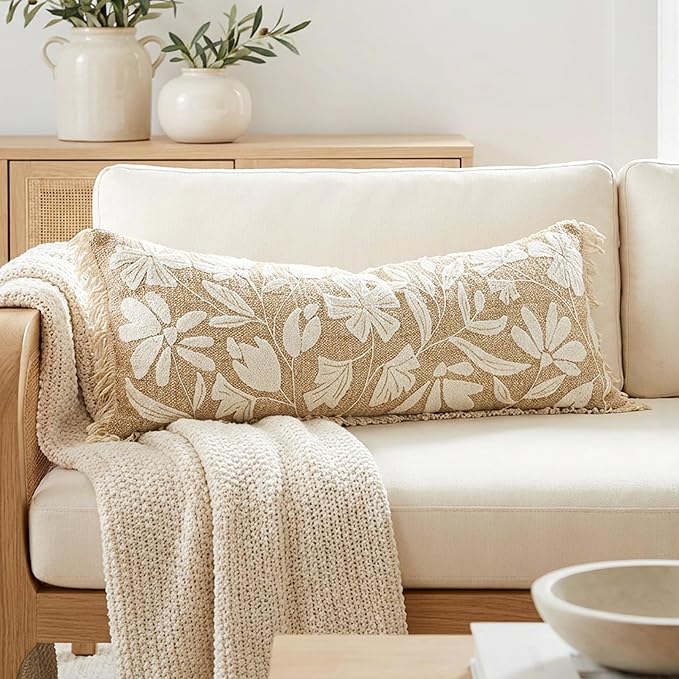BlissBlush Jute Decorative Spring Long Lumbar Pillow Cover 14x36, Neutral Floral Tufted Body Pillow for Bed, Accent Lumbar Throw Pillow for Bedroom,Outdoor Lounge (Cover Only)