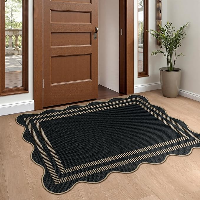 Scalloped Easy Jute Black Rug, 2.6x4 Front Door Washable Door Mat Non Slip Small Kitchen Area Rug, Farmhouse Low Pile Floor Rugs for Entryway Porch Doorway