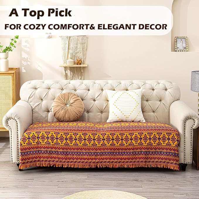 Boho Throw Blanket Couch Chair Cover, 100% Cotton Southwest Aztec Home Decor Throw - Reversible All Season Blanket for Bed Sofa Tapestry Outdoor Travel Camping. 71″×91″