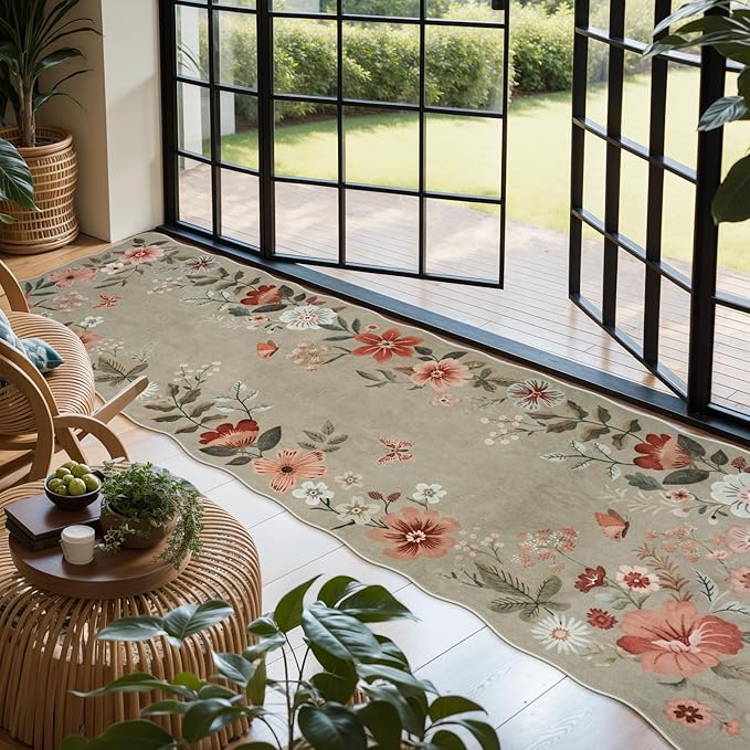 Lahome Floral Runners for Hallways, 2'6''x8' Kitchen Runner Rug Non Slip, Soft Washable Runner with Rubber Backing Carpet for Laundry Bedroom Bathroom Flore (Brown)