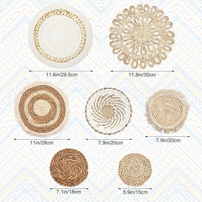 Set of 7 Boho Wall Baskets, Wall Hanging Rattan Decor, Flat Round Woven Water Hyacinth Corn Husk Farmhouse Handmade Macrame Hanging Woven Baskets for Living Room Bedroom Dining Room - Light Color