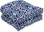Pillow Perfect Damask Indoor/Outdoor Chair Seat Cushion, Tufted, Weather, and Fade Resistant, 19" x 19", Blue/White New Damask, 2 Count