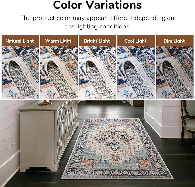 Lessymo 3x5 Washable Area Rugs for Living Room Bedroom Ktichen, Soft Boho Indoor Rug Non Slip, Vintage Carpet Low Pile for Dorm Office Dining Room Kids Room Hallway Entryway Bedside, Orange/Blue