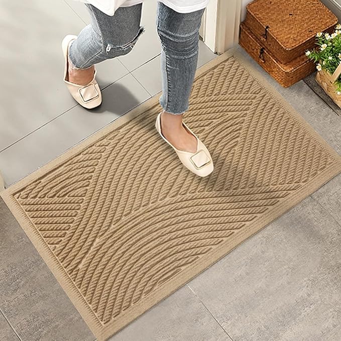 Sturdy Front Door Mat, Absorbent Muddy Dirt Resist Welcome Door Mats Outdoor Indoor, Stain and Fade Resistant, Non-Slip Backing Entry Mat Low Profile Doormat for Entryway, 36×24, Beige