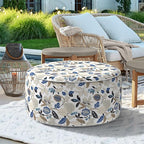 Indoor/Outdoor Inflatable Ottoman, All Weather Ottoman Pouf D31 x H14 inch, Round Foot Rest Ottomans, Portable Footstool for Patio, Garden, Porch, Home, Breeze Leaves Beige