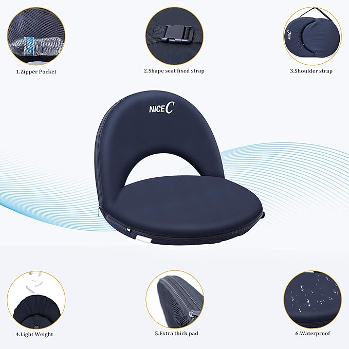 Nice C Stadium Seats, Floor Chairs, Bleacher Chairs, 10-Position Reclining Waterproof Cushion, Ultralight, Foldable, Extra Thick Padding, with Shoulder Strap & Net Pocket (Set of 1 Black)