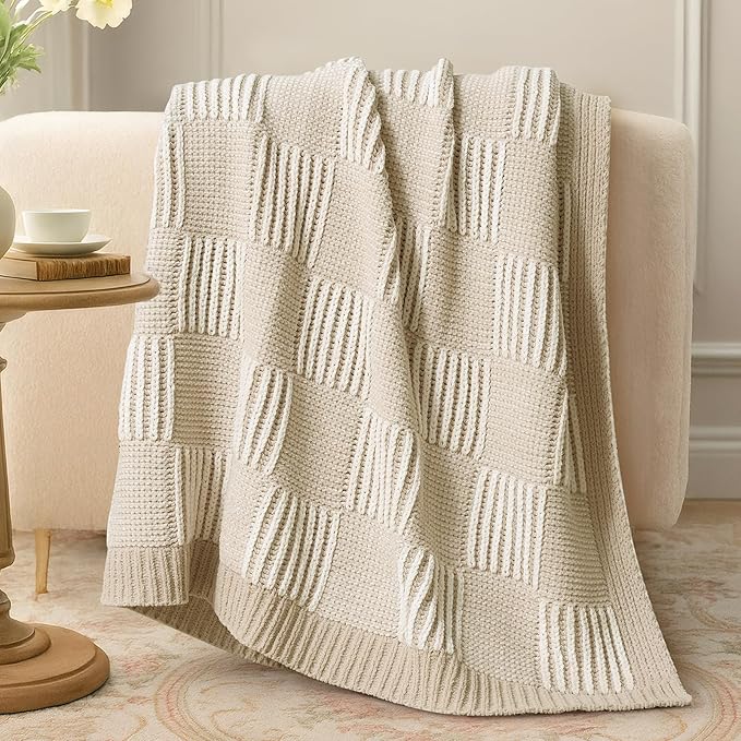 Amélie Home Checkered Knit Throw Blanket for Couch, Chenille Texture Decorative Soft Blanket for Sofa & Chair, 60"x80", Beige & Ivory