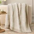Amélie Home Checkered Knit Throw Blanket for Couch, Chenille Texture Decorative Soft Blanket for Sofa & Chair, 60"x80", Beige & Ivory