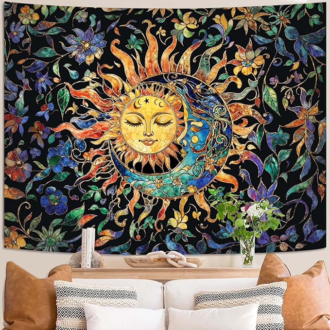 Aipon Sun and Moon Tapestry for Bedroom Boho Hippie Floral Wall Tapestry Aesthetic Vintage Stained Glass Plant Extra Large Tapestries Wall Hanging for Living Room Dorm 90 x 68 Inch