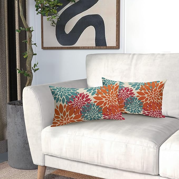 Blue Orange Burgundy Red Pillow Covers 12X20 Inch Set of 2, Spring Modern Geometry Dahlia Floral Decorative Rectangle Throw Pillow Covers Outdoor Farmhouse Cushion Case for Couch Sofa Bed Decor