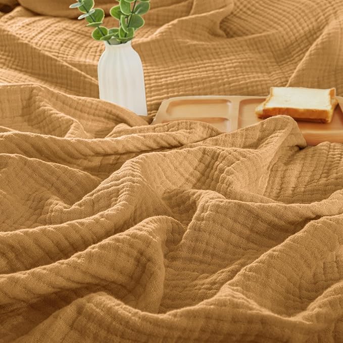 PHF 100% Cotton Muslin Blanket King Size 108"x90", 4-Layer Lightweight Gauze Throw, Breathable Cloud-Soft Minimalist Blanket for Bed, Couch, Camping & Baby, Amber, Ideal Gift
