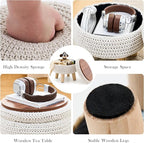 Round Storage Ottoman Foot Rest Cotton Braided Foot Stool Pouf Ottoman with Solid Wood Legs Footstool with Storage Shoe Changing Stool for Living Room White