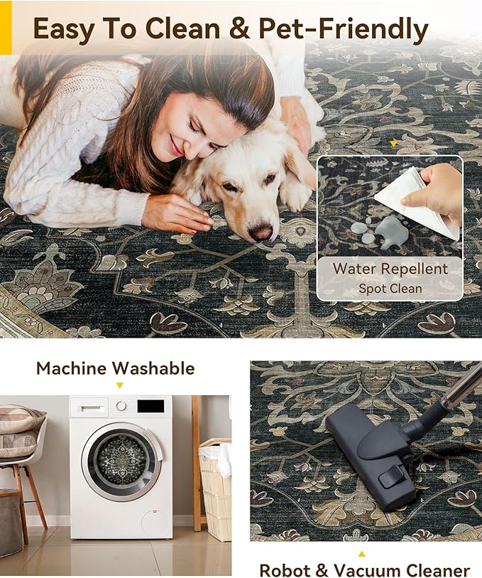 Area Rugs Round 6ft Washable Non-Slip, Floral Vintage Distress Print Pattern Medallion Carpet for Living Room Bedroom Dining Room, Vintage Black Brown Neutral