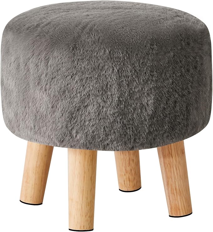 YMYNY Round Pouf Ottoman Small Foot Stool Faux Fur Foot Rest for Couch Modern Boho Footstools with Wood Legs for for Living Room Bedroom Office 12.6" D×12.6" W×12.6" H Dark Gray UHBD035GR