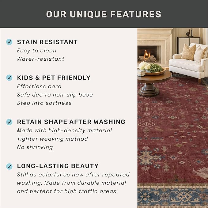 6x8 Dining Room Rugs for Under Table - Vintage Burgundy Boho Living Room Rug, Machine Washable Foldable Carpet,Southwestern Bed Room Décor Aesthetic
