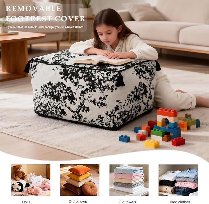 Square Pouf Ottoman Foot Stool with Tassels - Soft Chenille for Living Room & Office - Foot Rest, Home Decor & Removable Cover - Modern Black White Tree Design - 19.7" x 11.8"