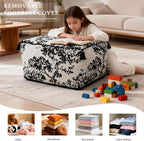 Square Pouf Ottoman Foot Stool with Tassels - Soft Chenille for Living Room & Office - Foot Rest, Home Decor & Removable Cover - Modern Black White Tree Design - 19.7" x 11.8"