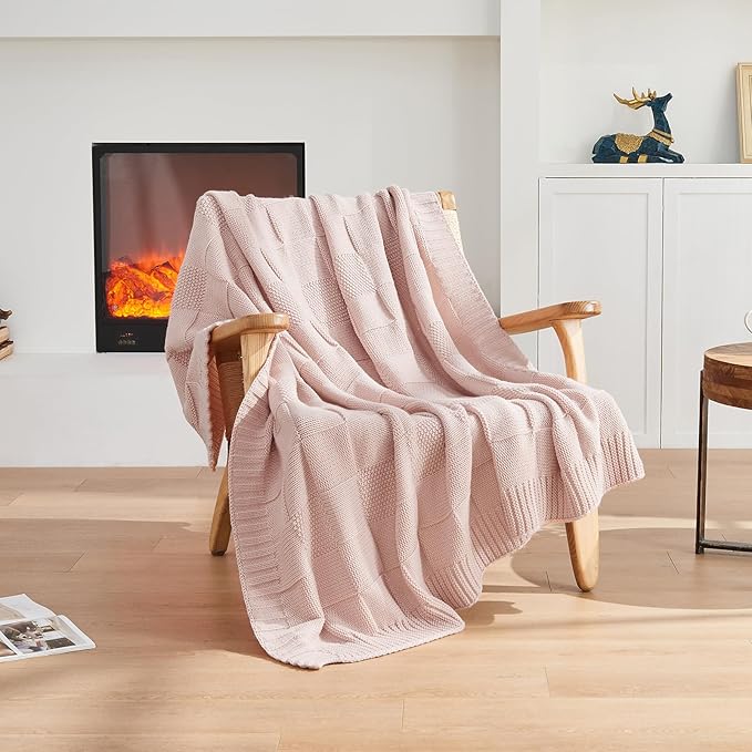 CozeCube Check Knit Throw Blanket, Pink Checkered Throw for Couch, Decorative Christmas Soft Cozy Warm Knitted Blanket for Bed Sofa Living Room, 60"X80"