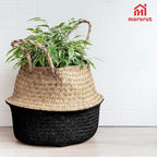2Pcs Basket for Plant Artificial Trees, 13x11 Inch Seagrass Wicker Pots, Woven Planter Set Eco-Friendly Round Boho Holder Base with Handles for Home Decor Indoor Storage Solution, Black Bottom Pattern