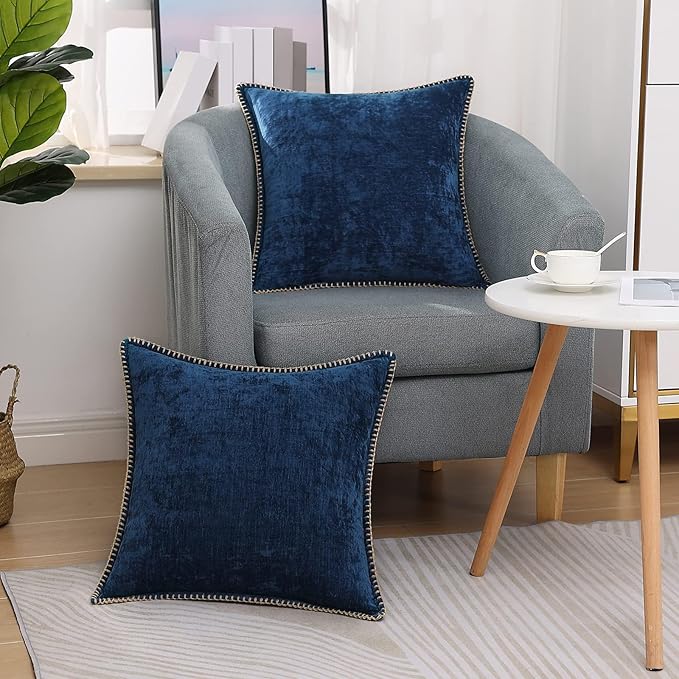 decorUhome Chenille Soft Cozy Throw Pillow Covers 26x26 Set of 2, Modern Farmhouse Boho Velvet Decorative Euro Sham Pillow Cases with Stitched Edge for Couch Sofa Bed Home Decor, Poseidon