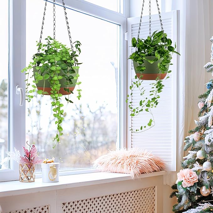 Set of 2 Hanging Planters for Indoor Outdoor Plants, 8 Inch Self-Watering Hanging Flower Pots with Drainage Hole & Removable Water-Storage Tray (Hooks)