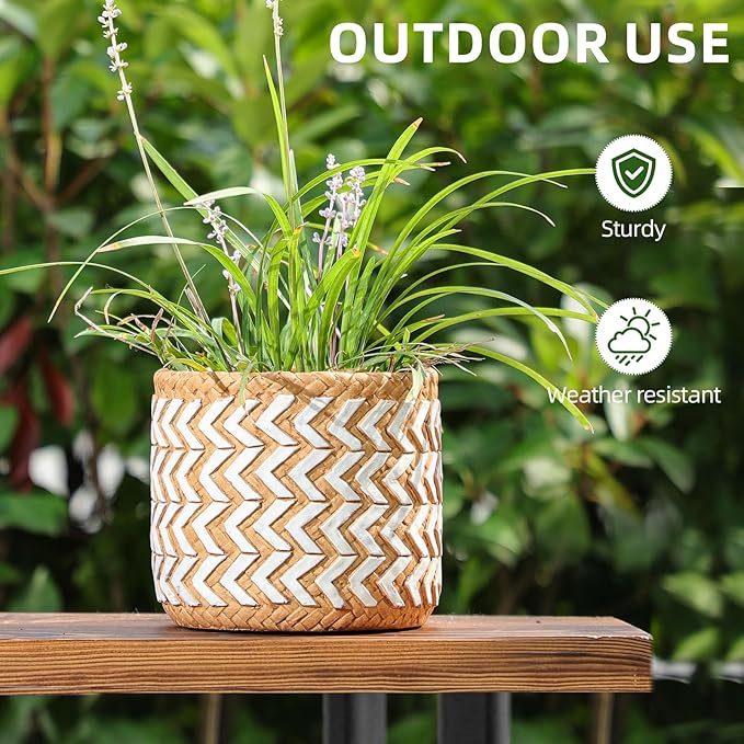 Concrete Rattan-Style Plant Basket Planter, 5" Outdoor Indoor Plant Pots with Drainage Hole, Boho Flower Pot for Succulents, Herbs, Modern Farmhouse Decor, Ideal Gift for Plant Lovers