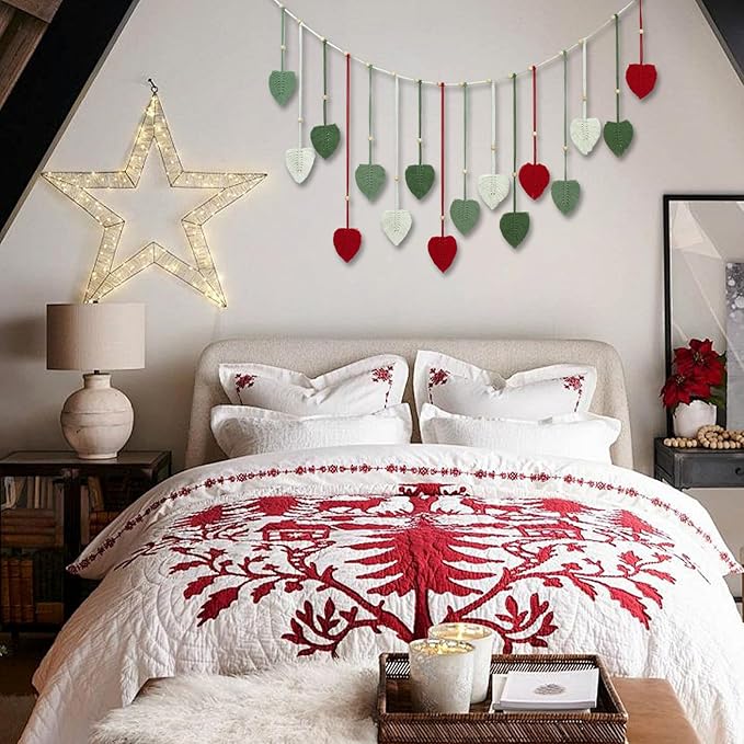 EOBTAIN Macrame Leaf Wall Hanging Large,Boho Red and Green Leaves Woven Tapestry Christmas Home Decor,Handcrafted Tassels Textile Feather Wall Art Decor for Nursery Living Room Bedroom Chic Decoration