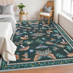 Washable Rug 5x7 Area Rugs for Living Room, Mushroom Insect Rug for Bedroom, 5x7 Rug Non Slip Throw Rugs with Rubber Back, Low Pile Stain Resistant Modern Carpet for Dining Room Dorm,Black