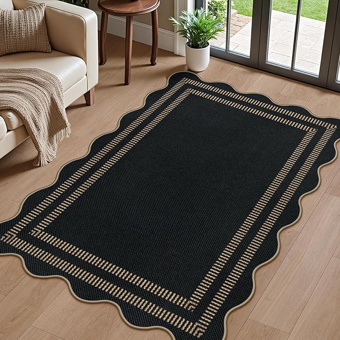 Modern Easy Jute 3x5 Outdoor Patio Rug, Black Washable Rugs for Entryway Indoor Kitchen Rugs, Farmhouse Neutral Non Slip Carpet for Living Room Backyard