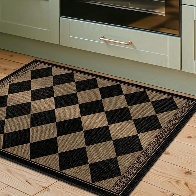 Checkered Easy Jute 2x3 Kitchen Porch Entryway Rug, Farmhouse Non Slip Front Door Mat Indoor Outdoor Decor, Diamond Washable Small Outdoor Rug, Brown Black Stain Resistant Boho Carpet for Bathroom