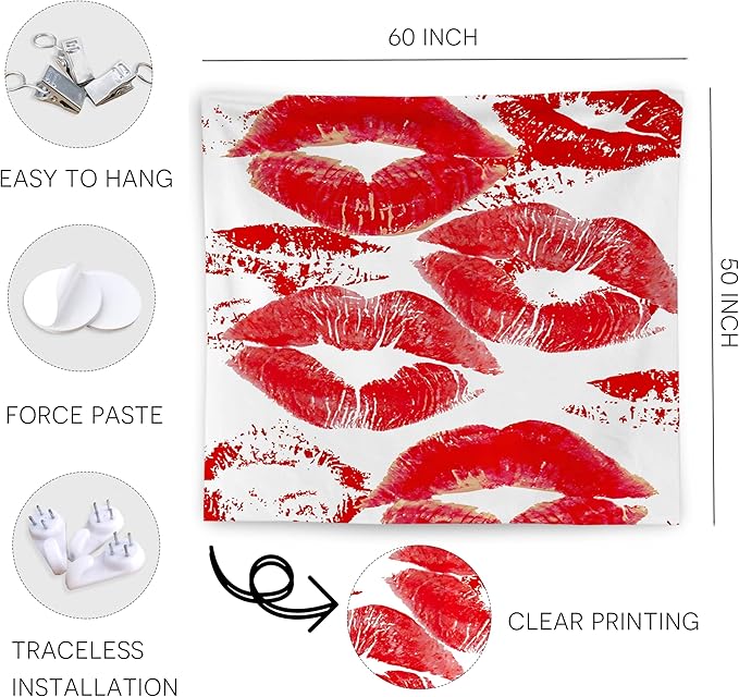 WNAGT Trendy Black and White Kiss Lips Tapestry Wall Hanging, Funky Makeup Wall Decor, Fashion Aesthetic Wall Blanket Decor for Girls Room College Dorm Makeup Room Beauty Room, 50x60 Inch