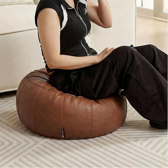 Leather Pouf - 20”Dx12”H, Wash-Free Tech Fabric Pouf Unstuffed Ottoman Moroccan Footstool, Floor Footrest Cushion, Storage Solution, Natural Orange Color Unstuffed Faux Leather Cover (Brown)