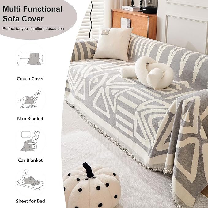 ROOMLIFE Grey Boho Couch Cover for 3 Cushion Couch L Shape Sofa Covers for Sectional Sofa Reversible Silpcover for Dogs Washable Chenille Furniture Protector for Living Room, 71"x150"