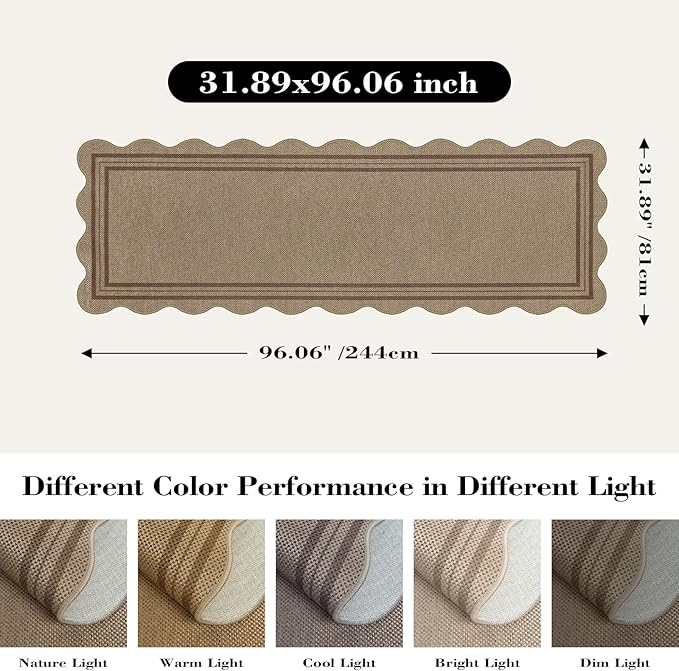 Scalloped Easy Jute Hallway Runner Rug, 2.6x8 Kitchen Non Slip Runner Washable Outdoor Indoor Long Rug, Farmhouse Morden Carpet for Porch Bedroom Laundry