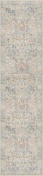 Washable Beige Blue 2x10 Runner Rug for Hallway Kitchen Mudroom, Non-Slip Stain Resistant Extra Long Floor Mat 10 ft - Vintage Floral Aethestic Decor