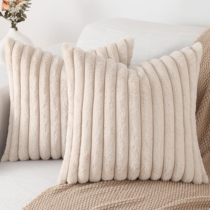 Pallene Faux Fur Plush Throw Pillow Covers 18x18 Set of 2, Luxury Soft Fluffy Striped Decorative Pillow Covers for Sofa, Couch, Living Room, Apricot