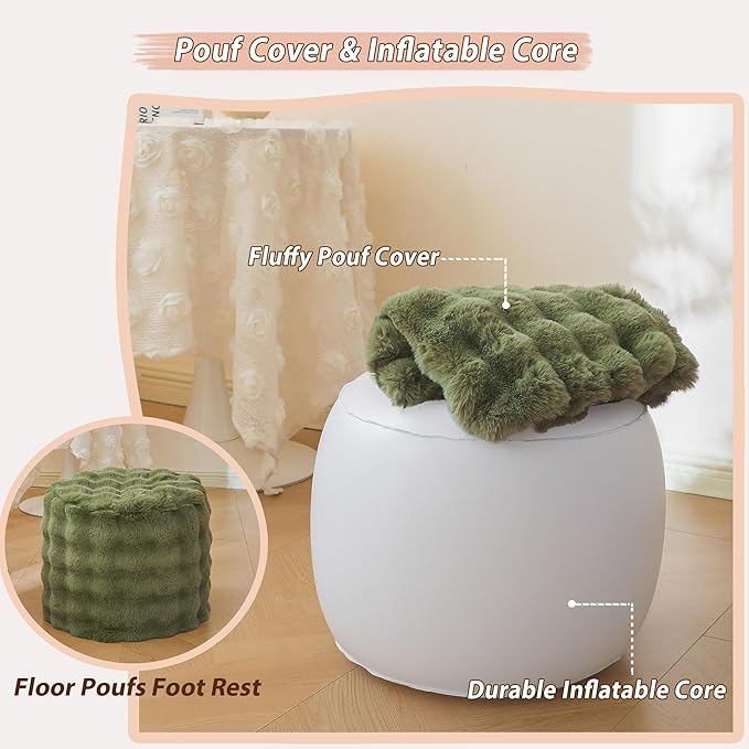 LIFEREVO Faux Rabbit Fur Round Inflatable Pouf Ottoman, 20" X 16" Plush Fuzzy Waffle Bubble Floor Poufs Foot Rest for Living Room Bedroom, Furry Pouf Foot Stool Home Decor, Anti-Slip, Sage Green
