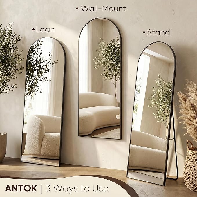 Antok 71" x32” Arched Full Length Floor Mirror, Black Aluminum Frame, Free Standing/Wall Mount/Leaning for Bedroom, Living Room, Dressing Room