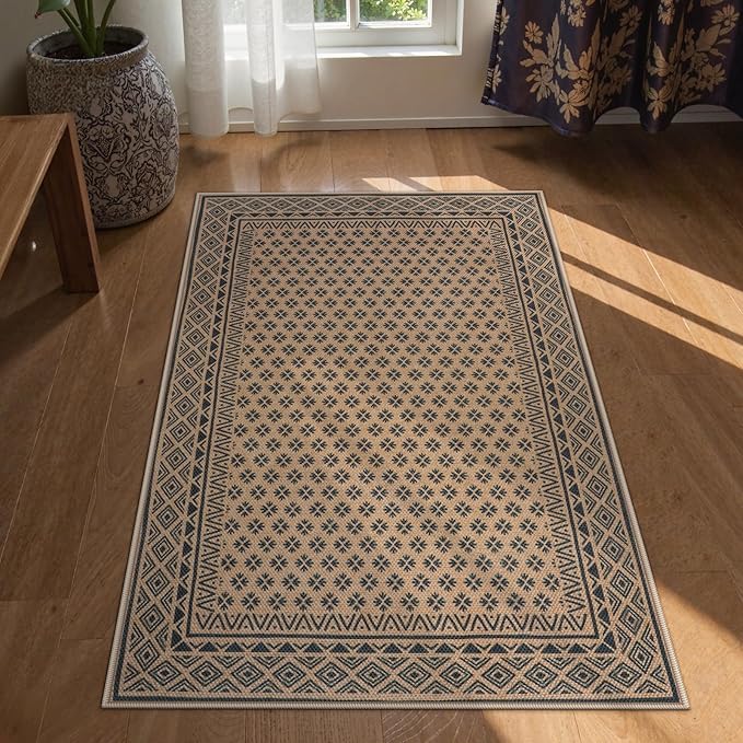LIVEBOX Easy Jute Indoor Outdoor Rug 3x5 Front Porch, Black Washable Rugs for Entryway, Non Slip Tan Farmhouse Area Rug for Living Room, Carpet Door Mat for Entry Front Door, Patio, Kitchen, Bedroom