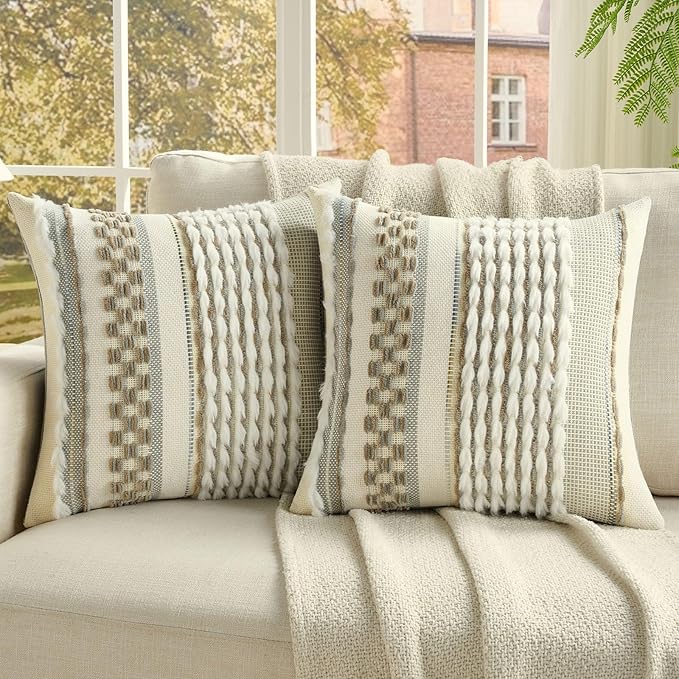 FUTEI Brown Grey Accent Throw Pillow Covers Set of 2, 20x20 Inch Plush Tufted Striped Textured Decorative Cushion Cases for Farmhouse Boho Couch Decor