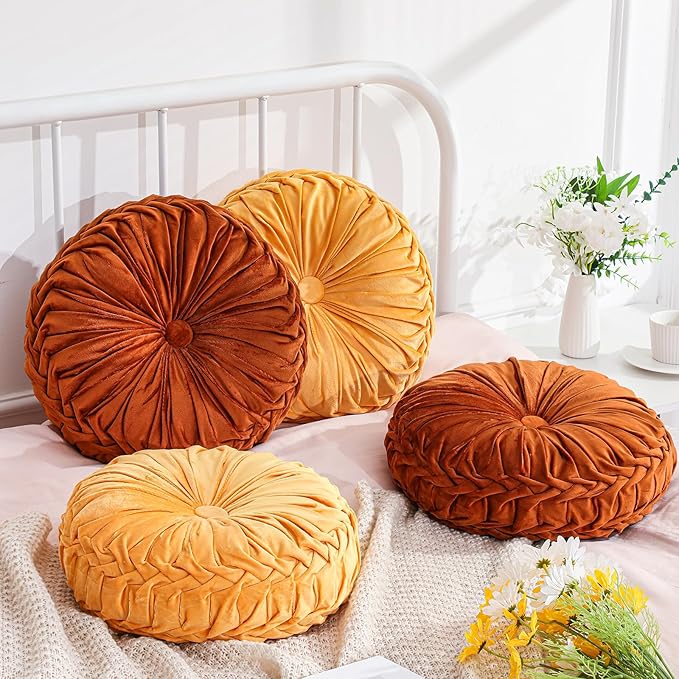 Round Throw Pillows Decorative Pleated Throw Pillows 15'' Diameter Accent Pumpkin Boho Chair Cushion for Couch Sofa Home Decoration(Burnt Orange, Yellow,4 Pcs)